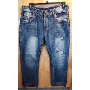 GS115 Gramercy SF Mens Jeans 36x31 Light Wash Gray Silver Y2K Distressed Style